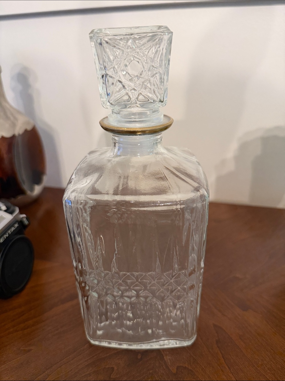 Vintage barware pressed glass decanter with a square base whiskey bottle diamond